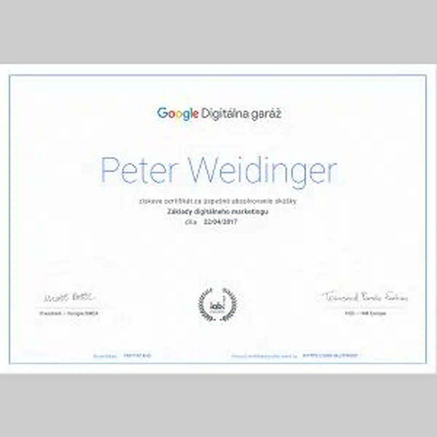 Google Digitálna Garáž certifikát